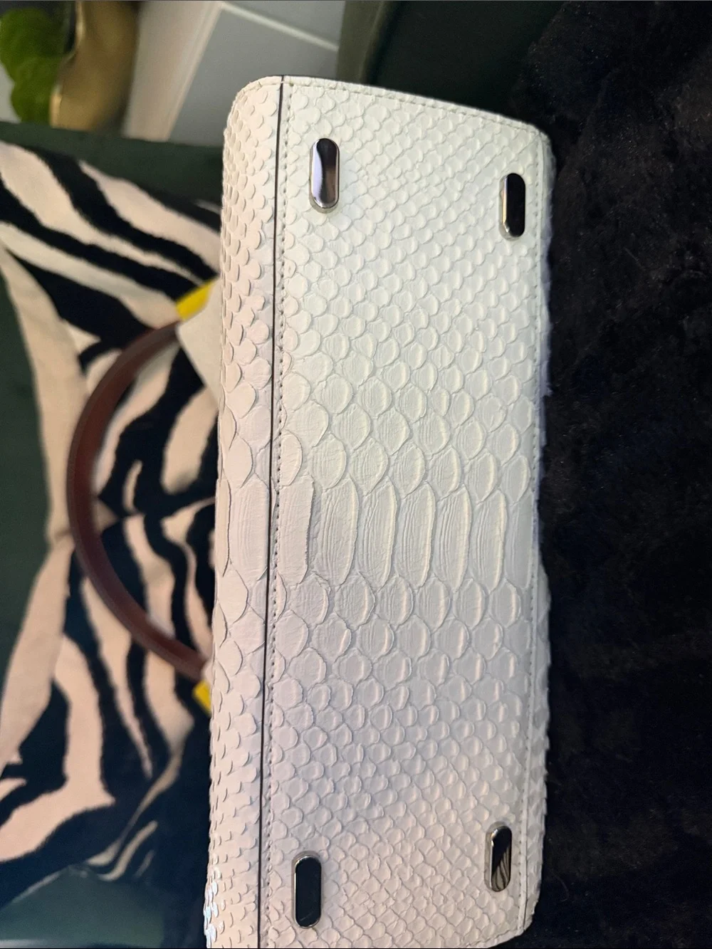 Small Tory Burch Lee Radziwill white Python-Embossed Top-Handle Bag.